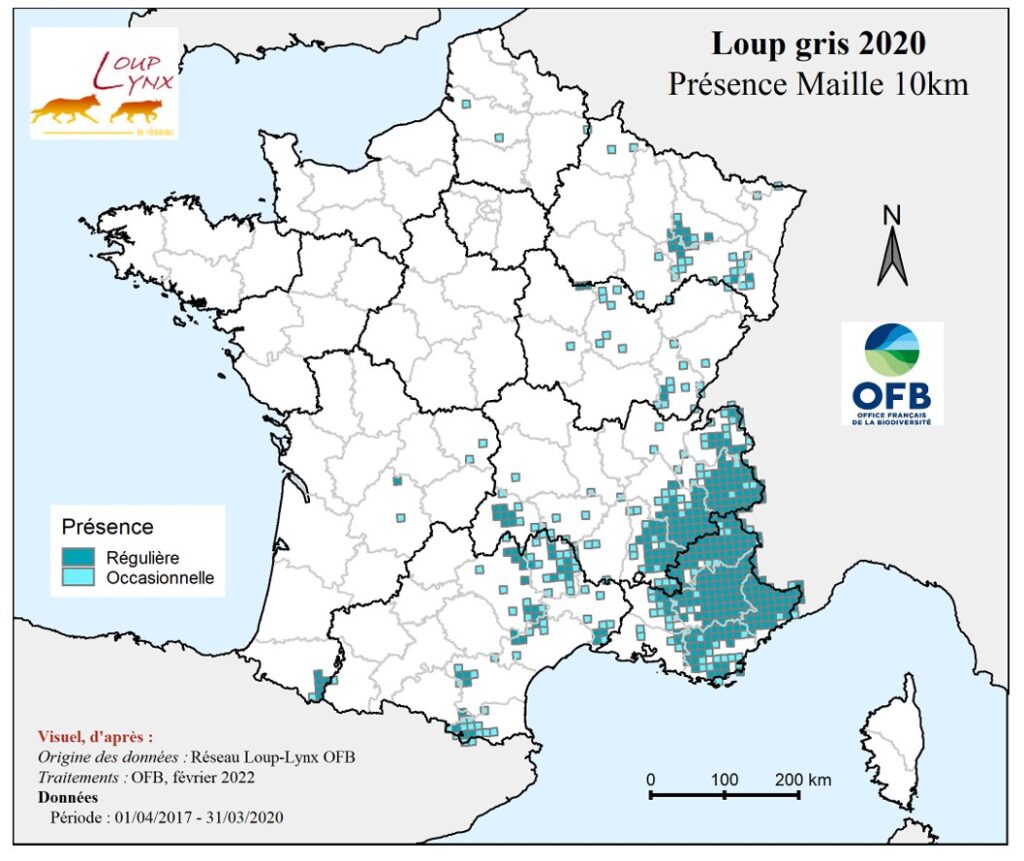 Verspreiding van de wolf in Frankrijk in 2020 - bron: OFB